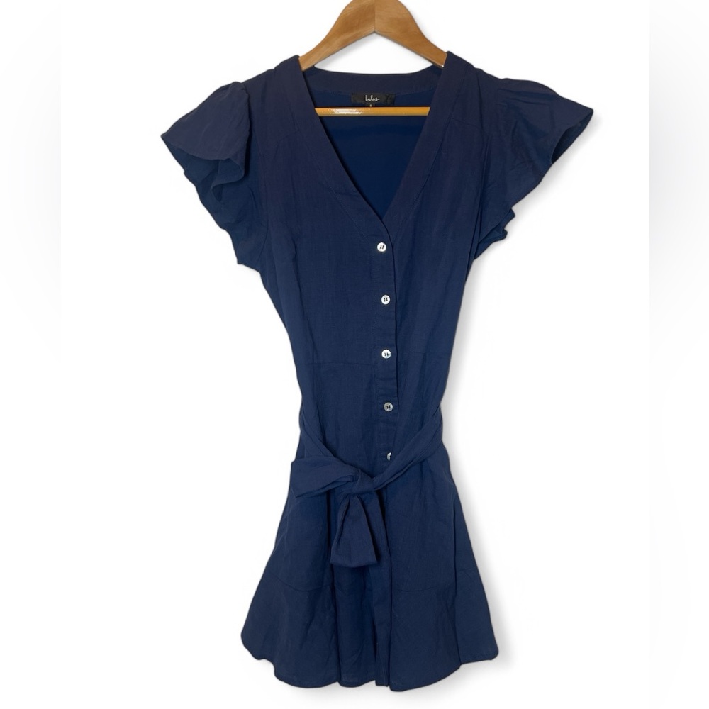 Lulu's Daytime Dreamer Navy‎ Blue Button-Up 100% Cotton Mini Dress Sash Waist